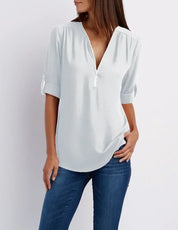 Damen Bluse mit V-Ausschnitt und Reißverschluss – elegante Bluse mit 3/4-Arm