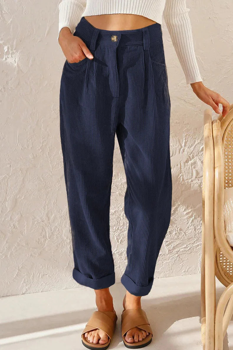 Damen Cordhose mit hohem Bund – lässige Hose mit elastischem Bund