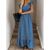 Damen Maxi-Kleid mit Wickelausschnitt und geraffter Taille – elegantes Kleid mit Rüschen