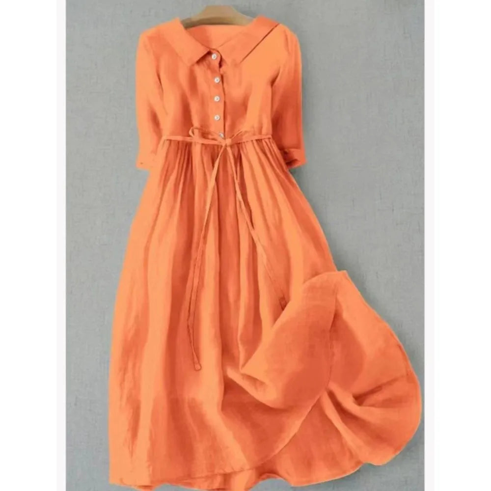 Damen Midi-Kleid mit Kragen und Bindegürtel