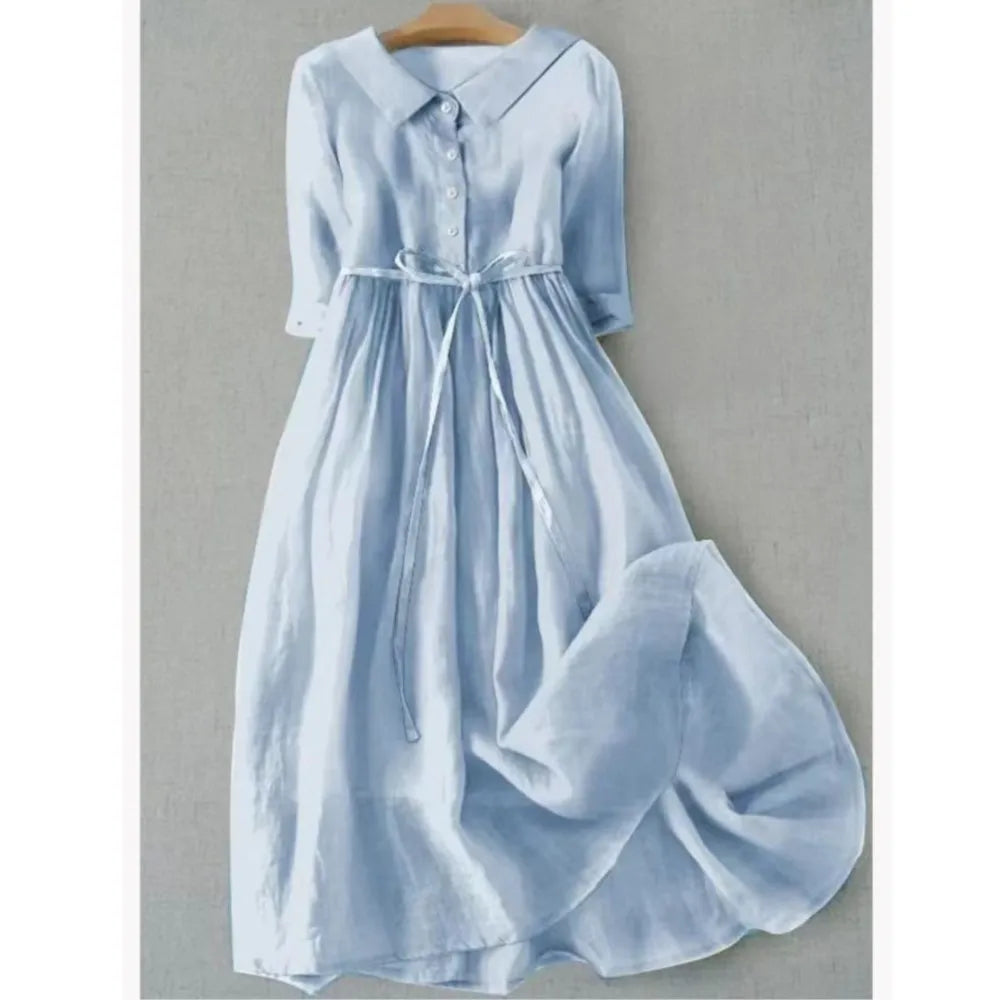 Damen Midi-Kleid mit Kragen und Bindegürtel