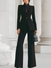 Eleganter Damen-Hosenanzug mit Wide-Leg-Hose – Blazer mit Stehkragen und weiter Hose