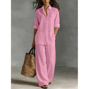 Damen Leinenset 2-teilig – Oversize-Bluse und Weithose mit hohem Bund