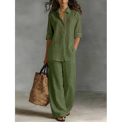Damen Leinenset 2-teilig – Oversize-Bluse und Weithose mit hohem Bund