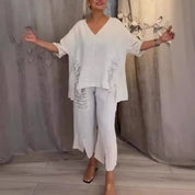 Damen Leinen-Set 2-teilig – Oversize-Tunika mit V-Ausschnitt und weite Hose