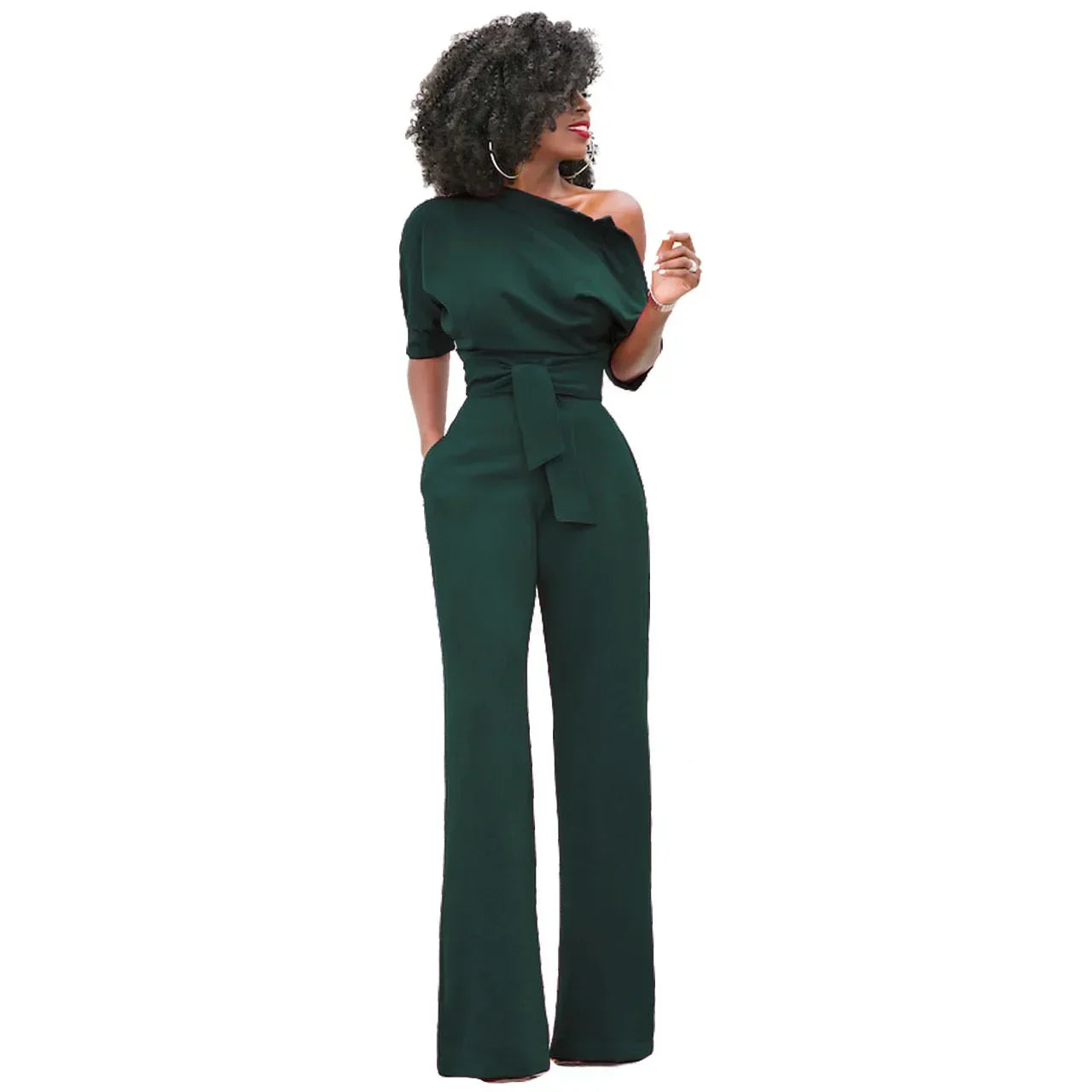 Eleganter Damen-Jumpsuit mit asymmetrischem Ausschnitt und Taillengürtel