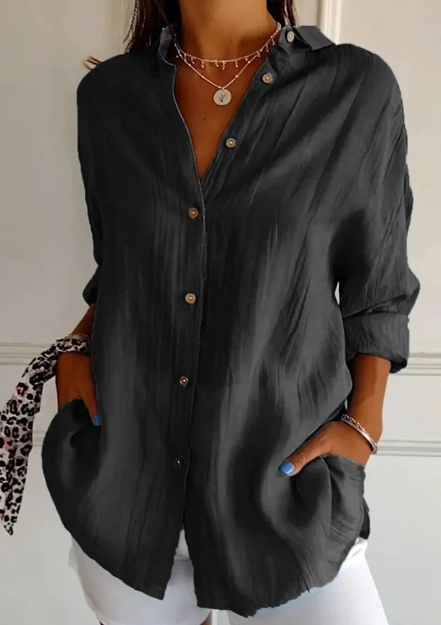 Damen Oversize Leinenbluse mit Knopfleiste und langen Ärmeln